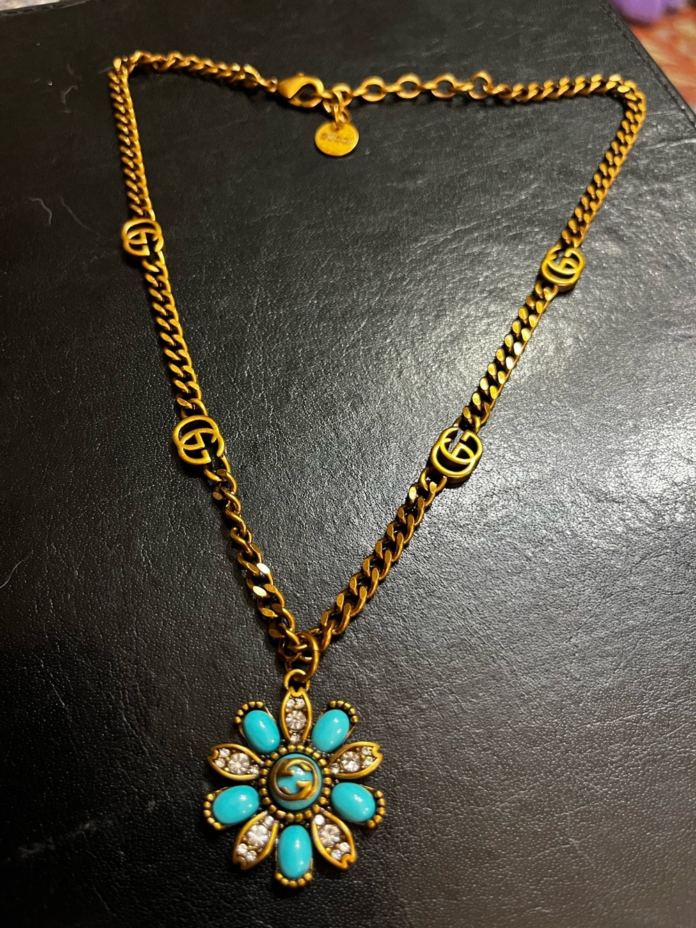 Double G Designer Turquoise Rhinestone Floral Pendant Letter Logo Necklace